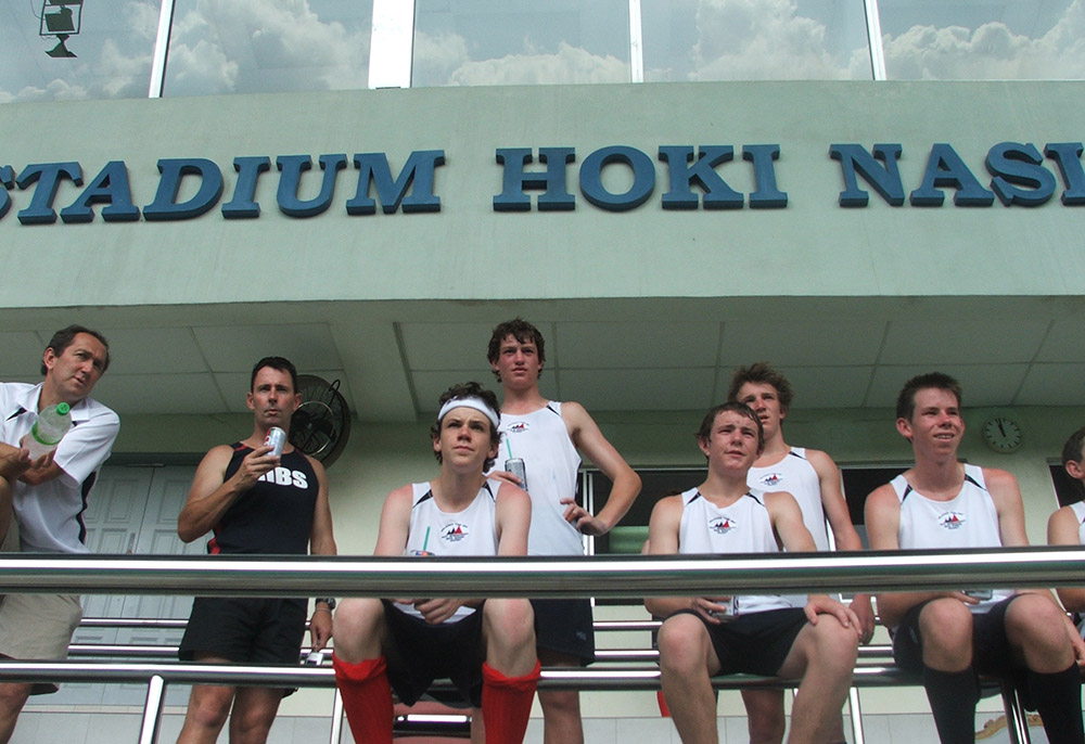 Peter and some hockey players at Stadium Hok Nasional in Malaysia