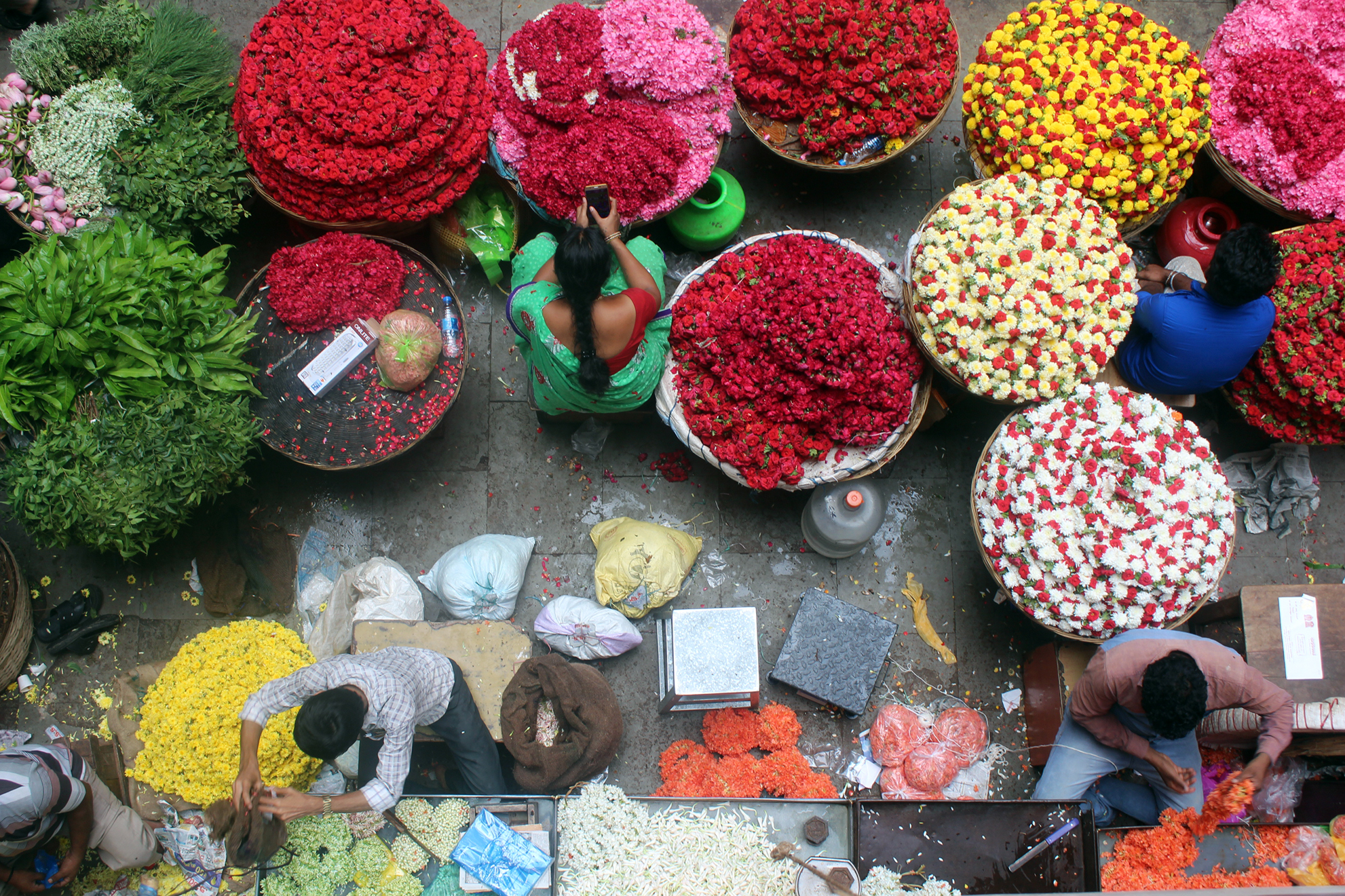 Looking down from above on people sorting flowers in a market
