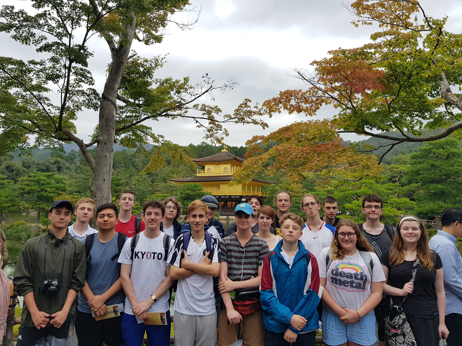 The Kapiti College students gathered for a group photo in front of the Golden Pavilion shrine