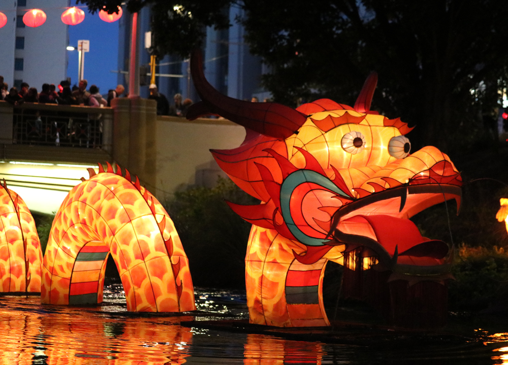 dragon lantern lit up at night
