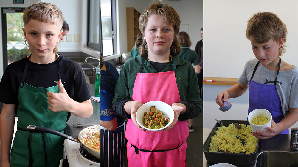 A montage of three photos showing children cooking curry
