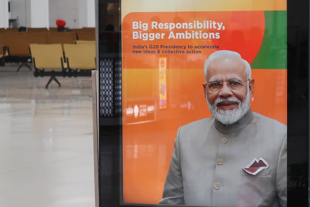A poster for India's prime minister on it and the text Big Responsibility, bigger ambitions