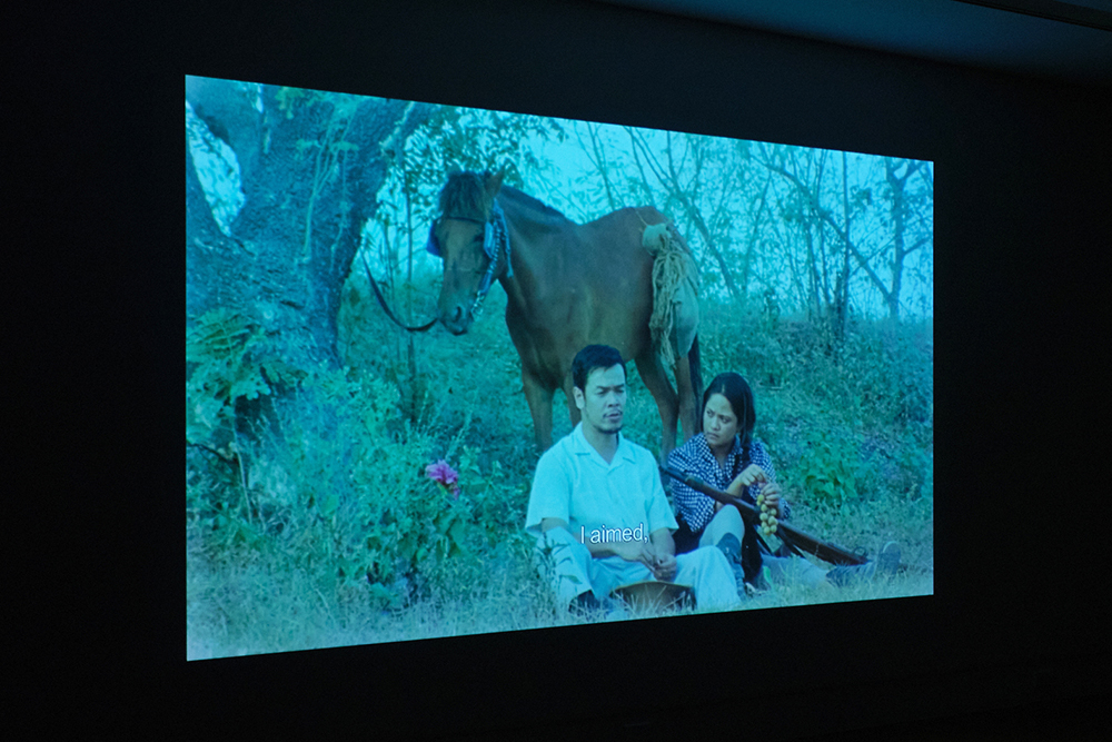 A photo of film footage of a man, a woman and a horse projected on a screen