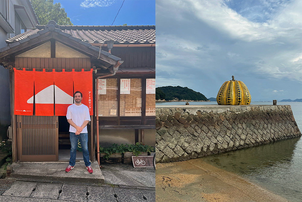 Two photos one of Andrew McCormick in front of a traditional Japanese building and another photo of a sculpture of a large yellow fruit on a seawall