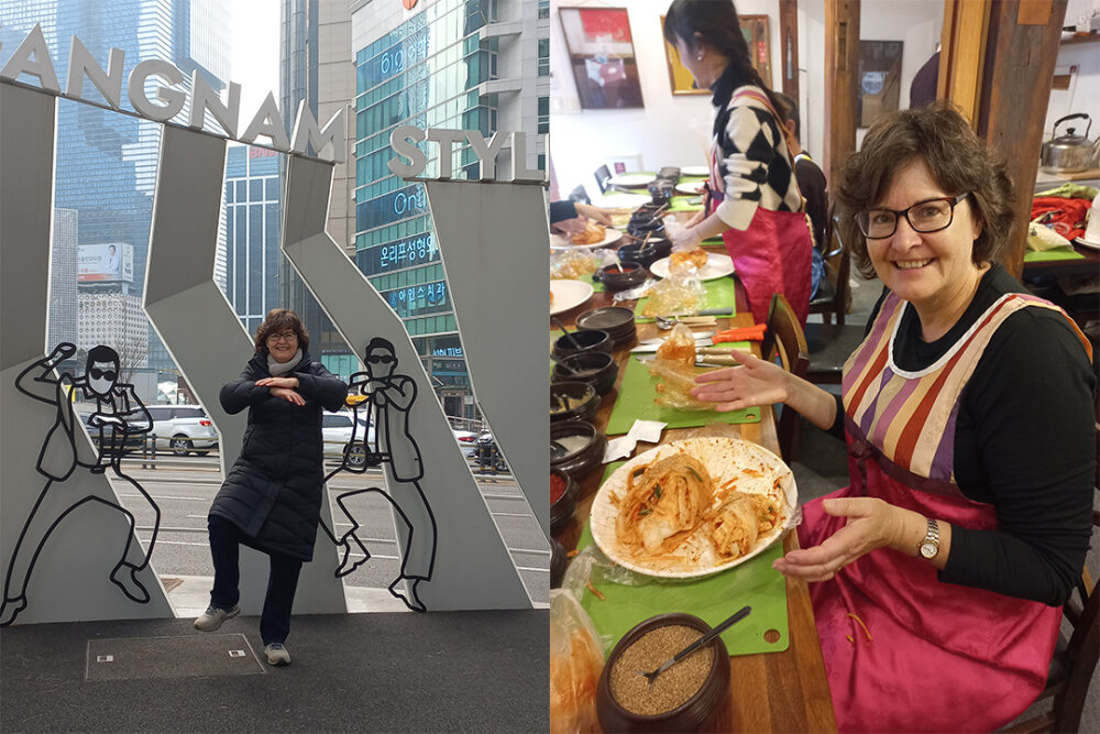 Jane doing a Gangnam Style dance under a sign for Gangnam district of Seoul and a second photo of her sitting at a table with a plate of food in front of her