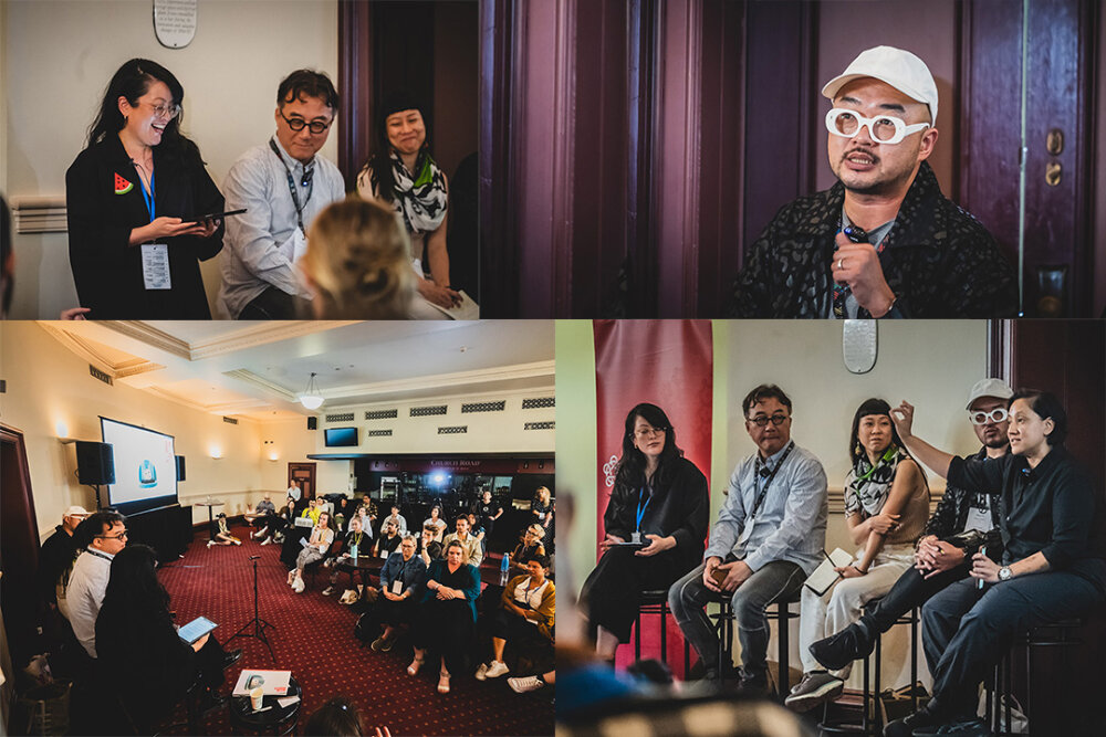 A montage of four photos of speakers and the audience from the launch of the New Waves research repor t at the PANNZ Arts Market