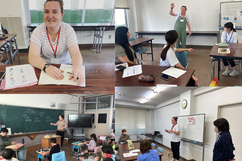 A montage of four photos showing Megan teaching in the classroom