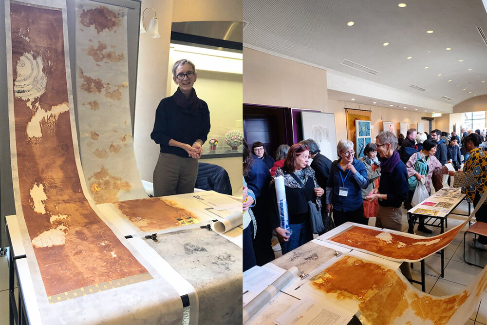 A montage of two photos - one showing Sybille Schulbom standing behind long sheets of stained paper and the other image showing a gathering of people in a room chatting and looking at the same rolls of paper