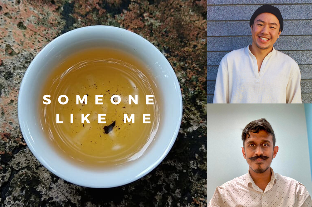 Sampson Phommach and Ajay Ravindran mug shots with their Someone Like Me podcast logo