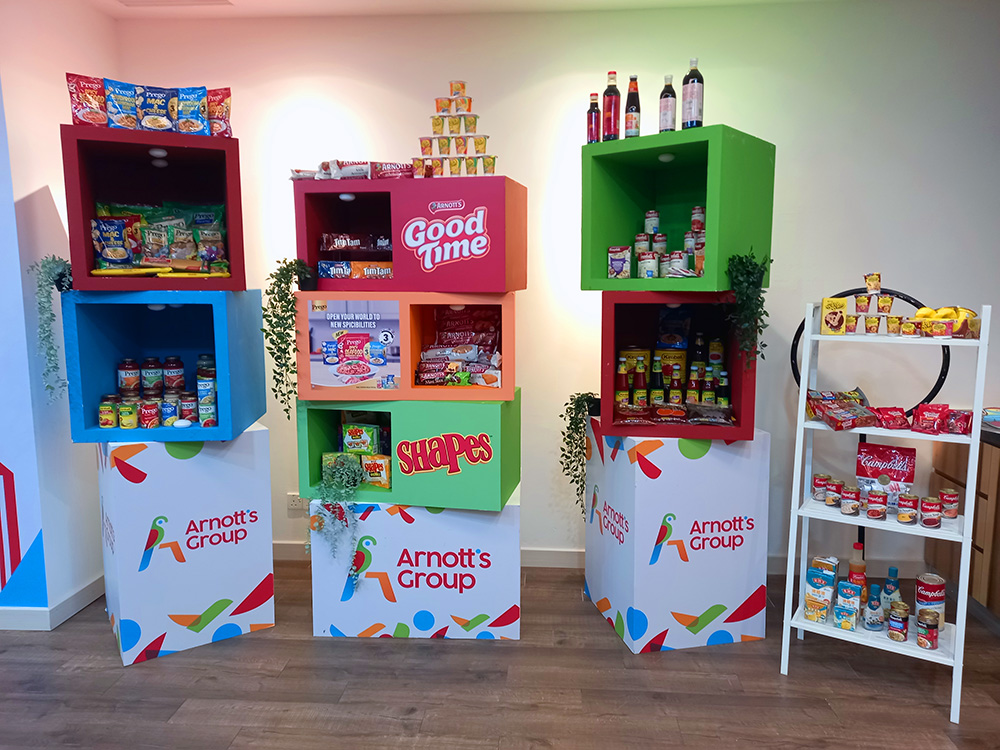 A display of Arnott's products including Shapes,  Tim Tams and Campbells soup