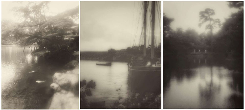 Three blurry black and white photos of water scenes by Emi Higano