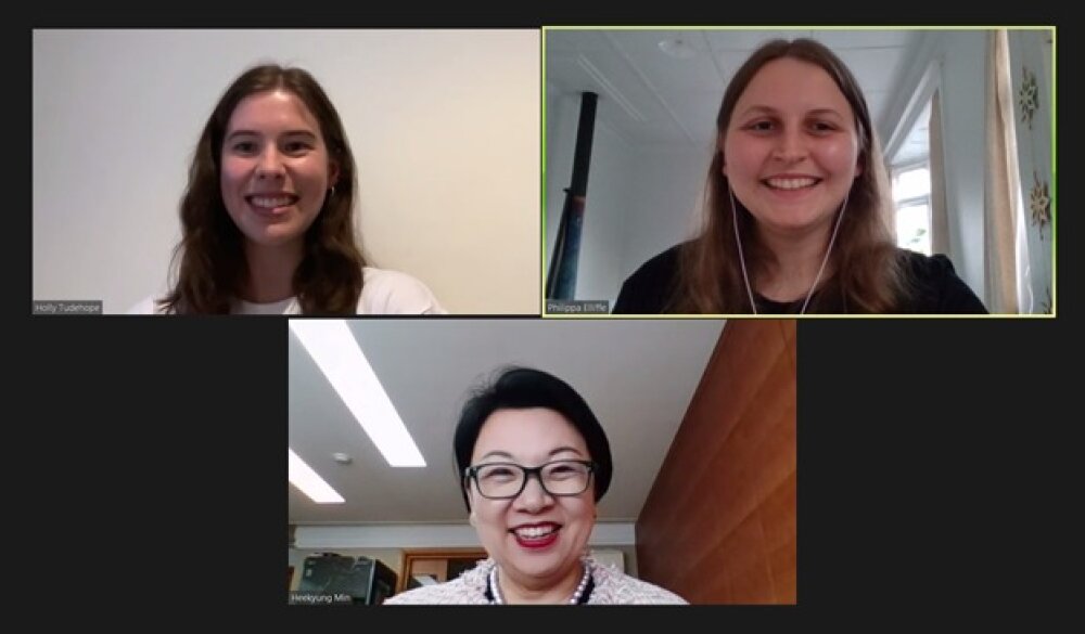 A screenshot showing Philippa, fellow intern Holly Tudehope, and Heekyung Jo Min - executive vice president and head of Corporate Social Responsibility of CJ CheilJedang and Foundation honorary adviser