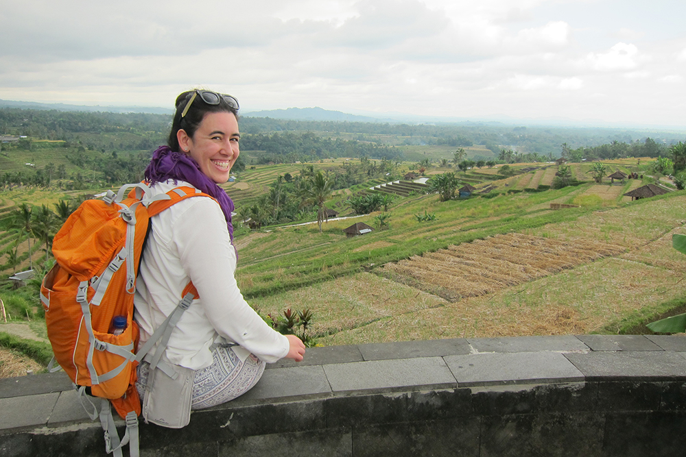 Claire overlooking rice terraces in Indonesia