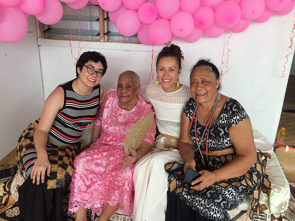 Latu (second right) with her sister, Nana (Latu Snr) and her mother surrounded by pink balloons