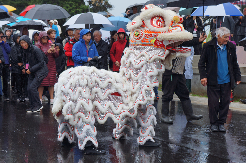 A traditional Chinese dragon dance being performed