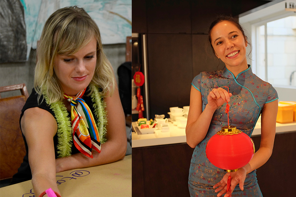 A photo combining an image of Marianne writing on a piece of paper and a photo of Anna-May wearing a Chinese qipao and holding a Chinese lantern