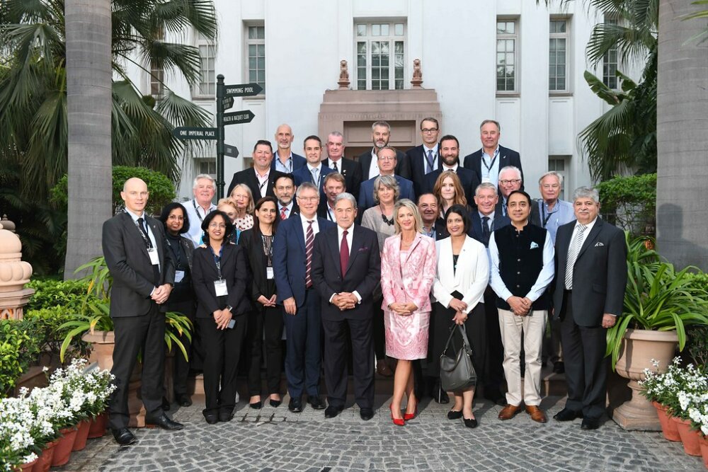 A formal photo on a group of about 30 people of the NZ Government 2020 trade delegation to India