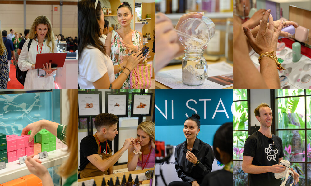 A montage of six photos showing various aspects of the visit such as people trying beauty products and chatting