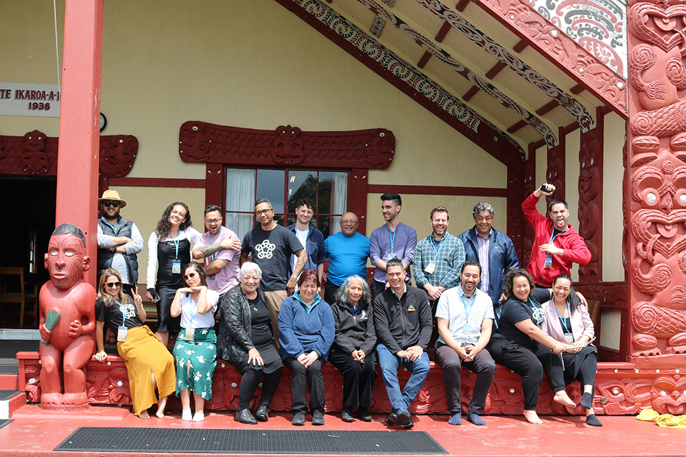 The Kahui , Foundation staff and marae elders sitting infront of the wharenui