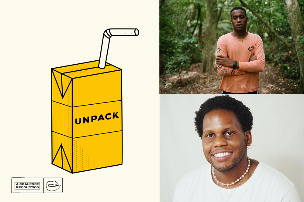 A photo montage combining photos of Thabiso and Kii and the logo for thier unpack podcast
