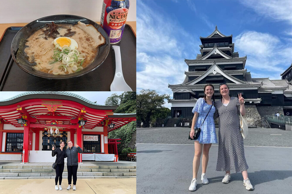 A montage of three photos: a bowl of noodles, Megan and a friend in front of a shrine, Megan and a friend in front of a second shrine