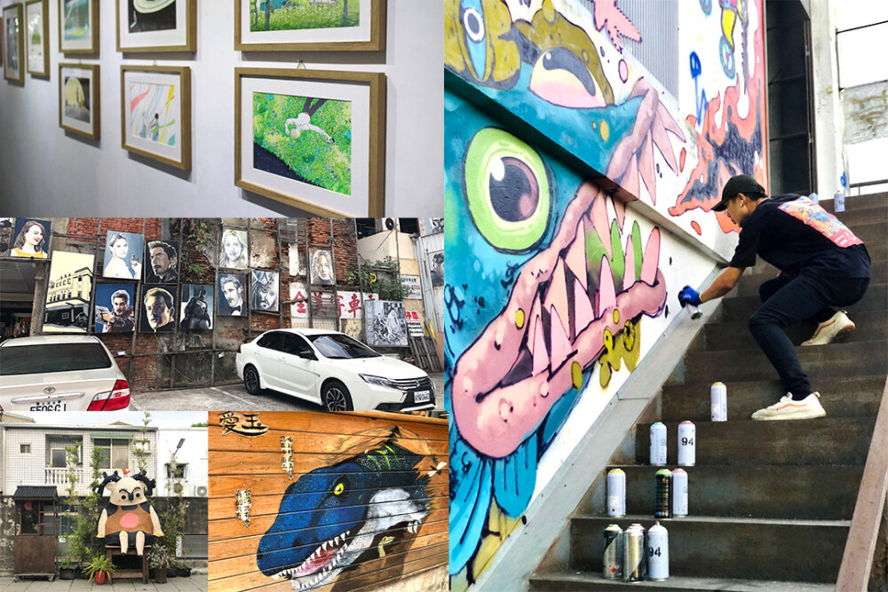 A montage of five photos showing gallery and street art