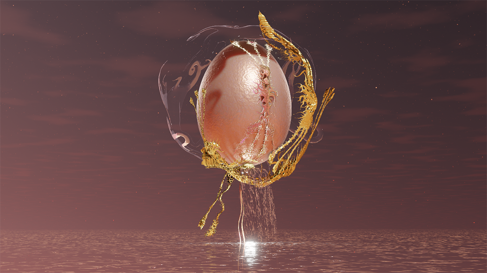 A still image from Being, Becoming depicting an egg-like object surrounded by a pattern of molten gold