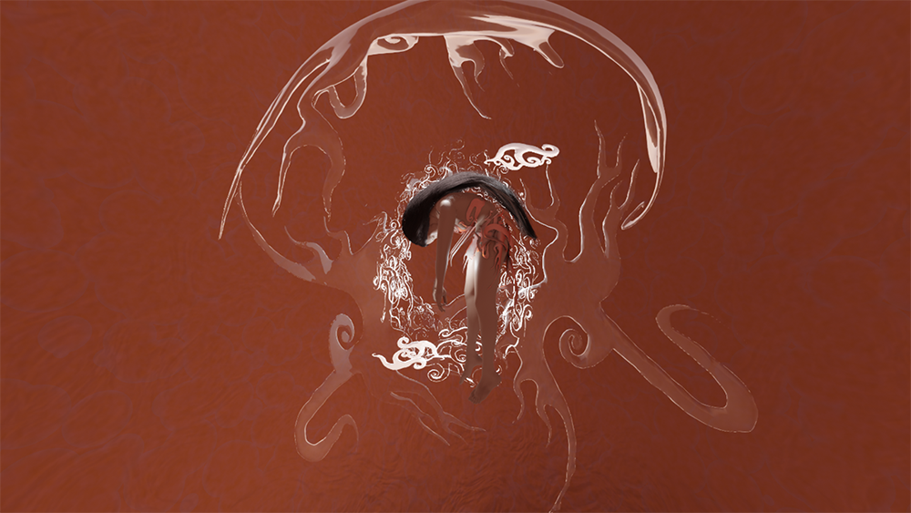 A still image from Being, Becoming depicting a woman bent overin a womb-like patttern