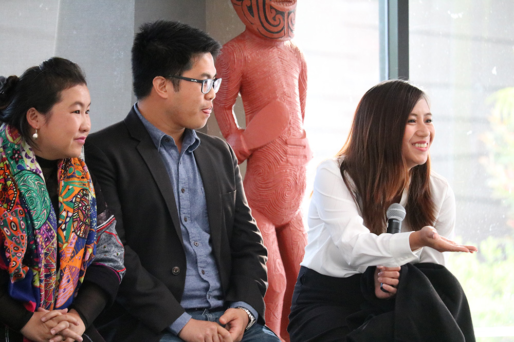 Three Southeast Asia tourism entrepreneurs talking at a conference in Rotorua