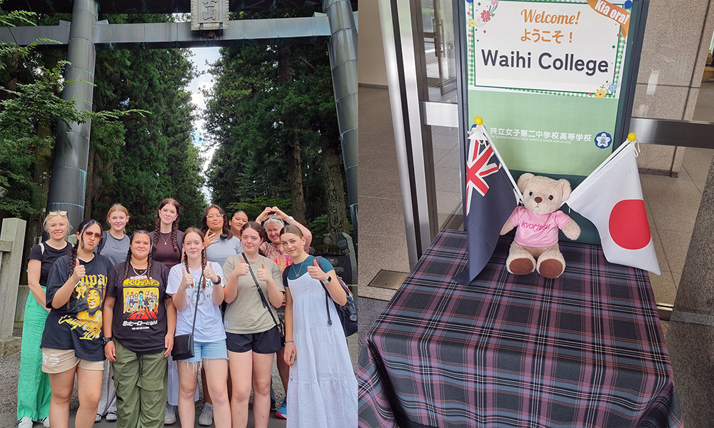 Two photos in one - one showing the waihi College students in front of a torii gate, the other a teddy bear with the New Zaland and Japanese flags and a sign saying welcome Waihi College