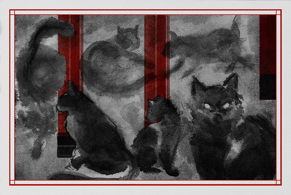 An image from Allan Xia's work Your no Torii of cats painted in ink 