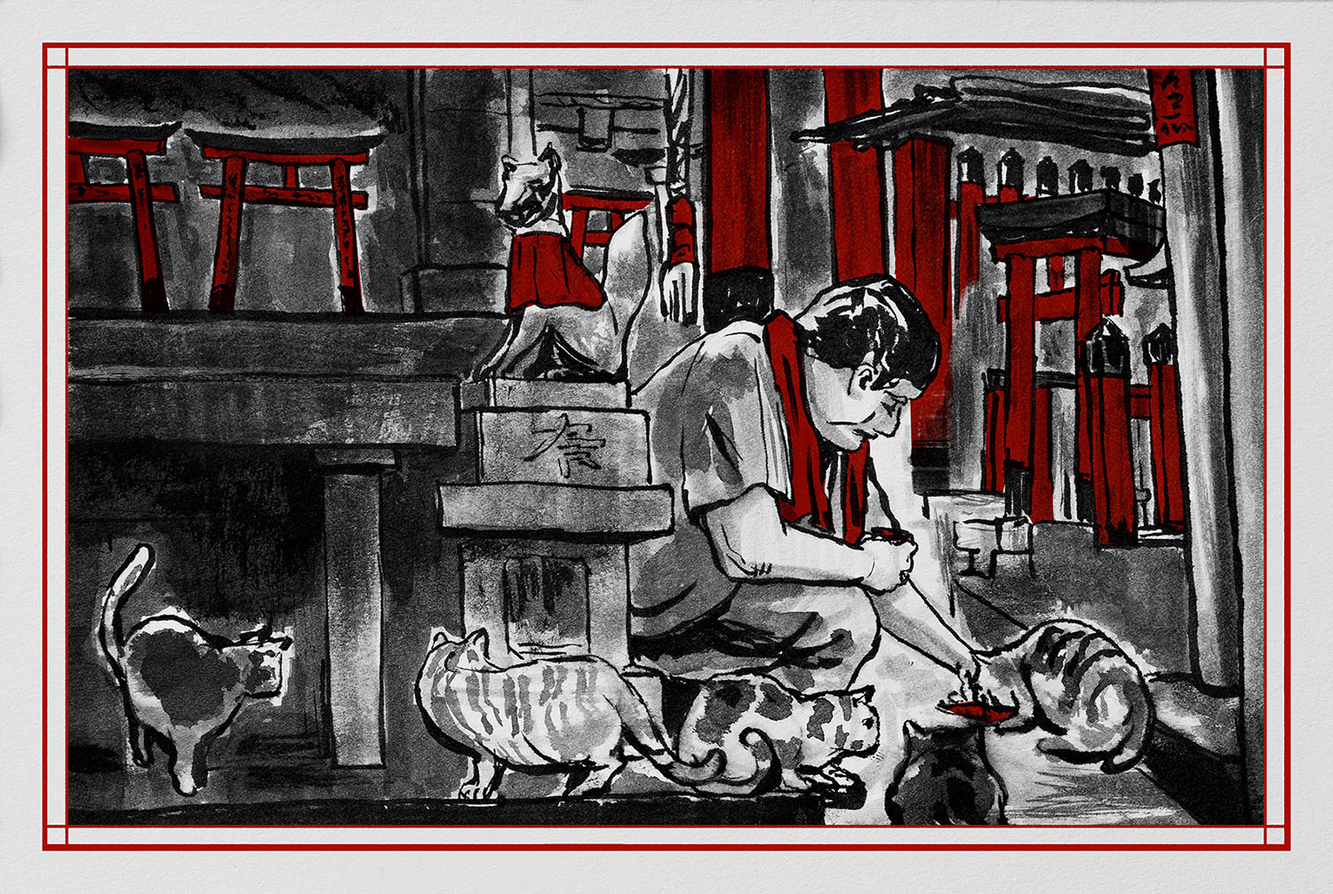 A still images of a man feeding cats from Allan's work Yoru no Torii