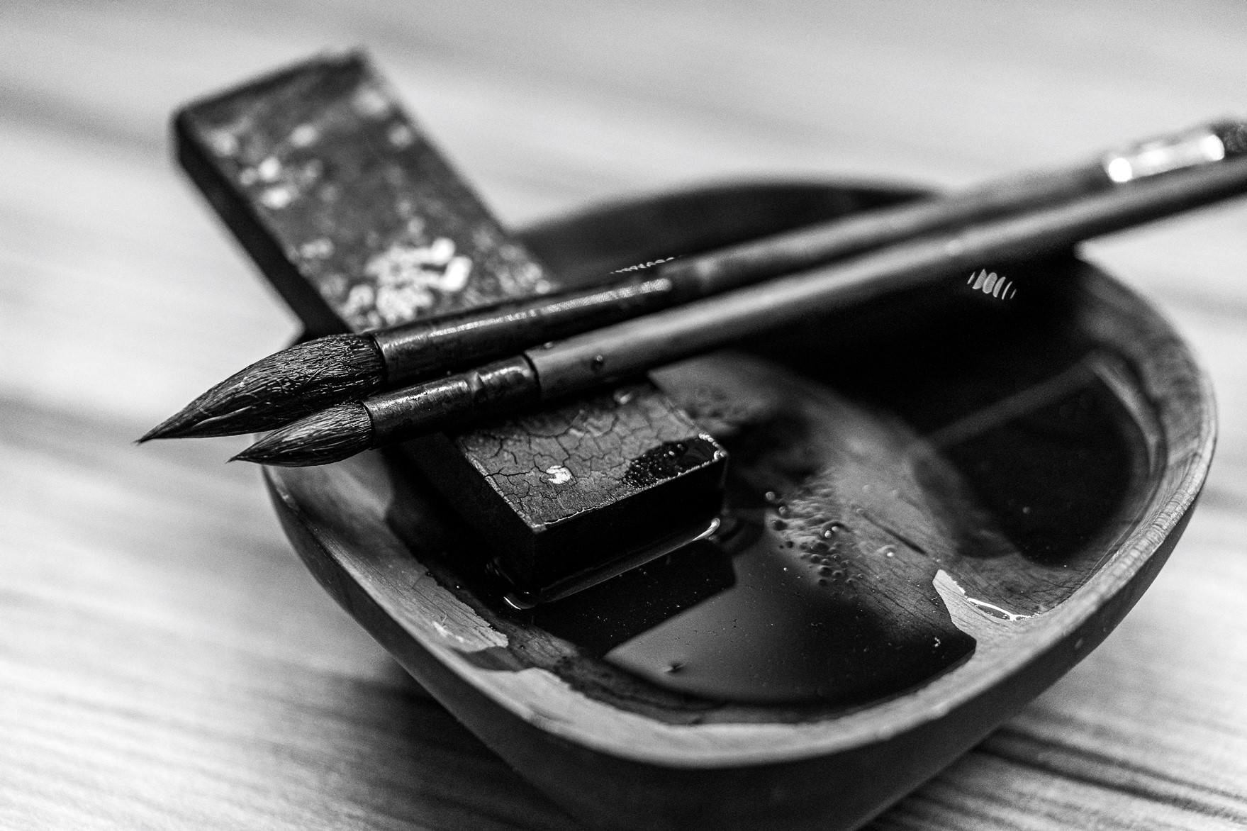 Allan's brushes and ink bowl