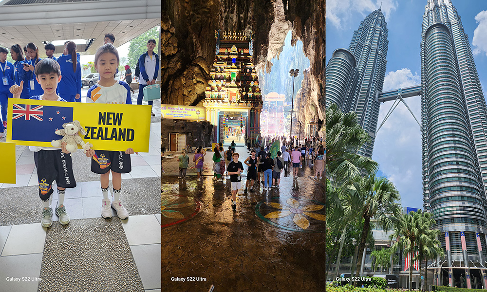 A montage of three photos - two children holding signs welcoming the NZ team, a team in the Batu Caves, and the KL Towers