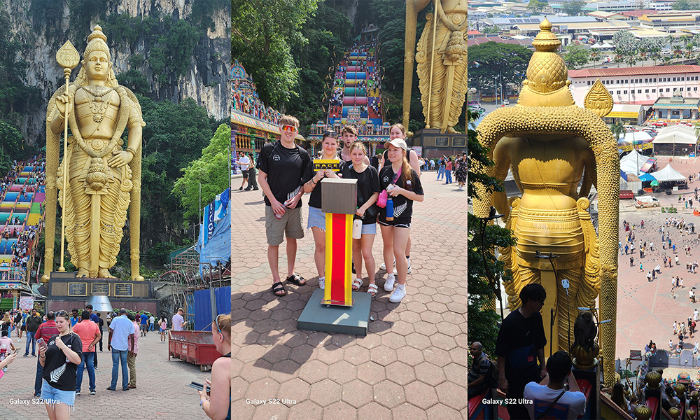 A montage of three photos - the front of a large golden statue of Lord Murgugan, team members at the bottom of the stairs leading up to the Batu Caves and a view from the stairs looking back past the statue of Lord Murgugan to the city