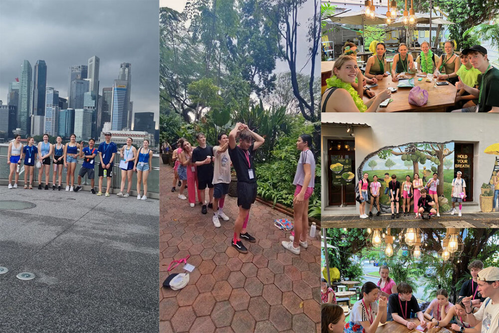 A montage of five photos showing the diving team doing various activities in around Singapore, including trying durian and standing in front of the Singapore skyline