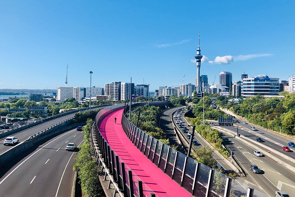 The motorway leading into Auckland with the Skytower in the background
