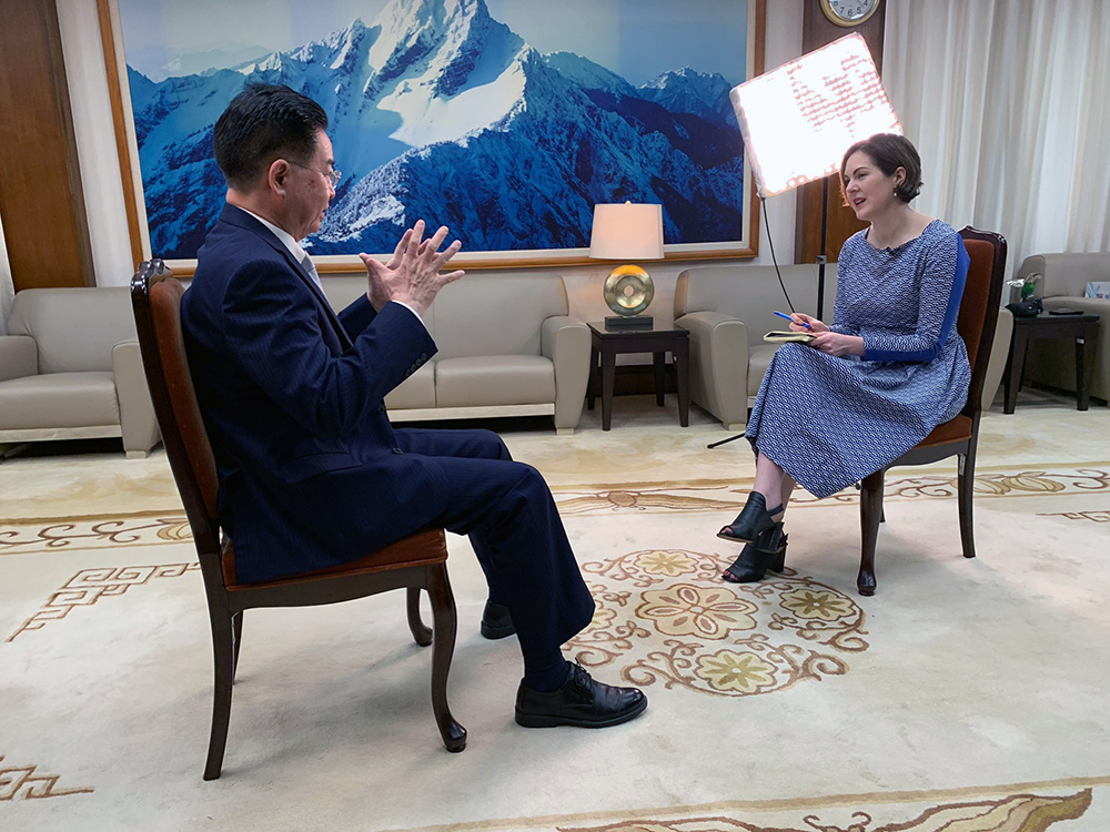 Cushla Norman interviewing Taiwan’s Foreign Minister Joseph Wu  in a formal office