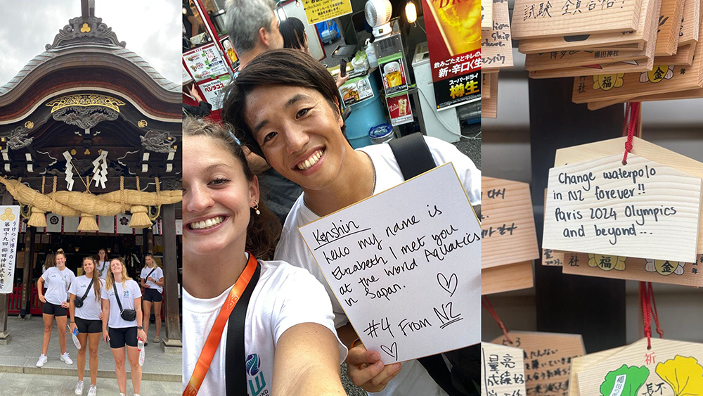 A montage of photos including the water polo girls outside a shrine, a selfie of a player with a local